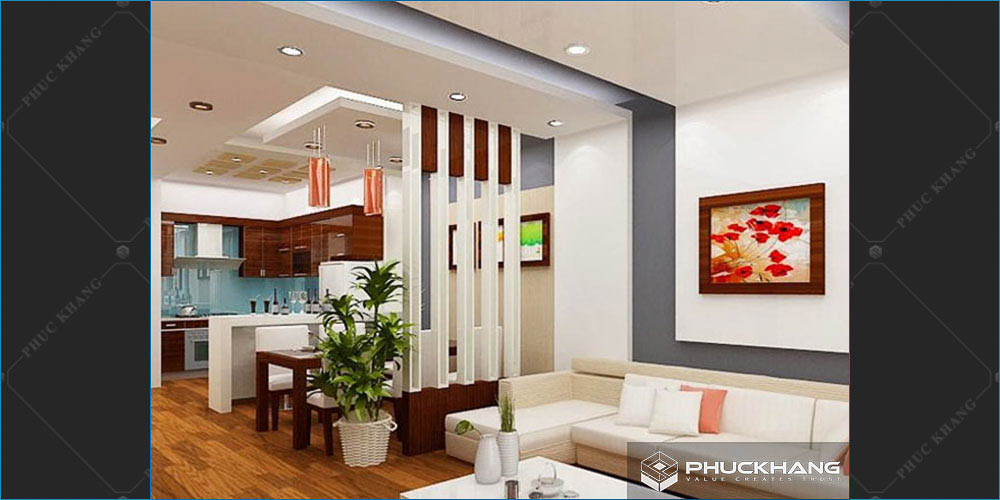 trần thạch cao đẹp phòng khách liền bếp