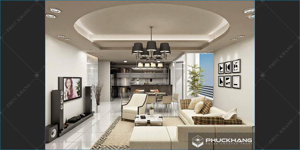 trần thạch cao phòng khách liền bếp