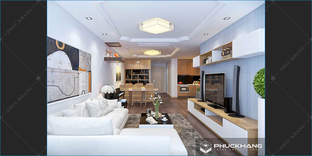 trần thạch cao đẹp phòng khách liền bếp