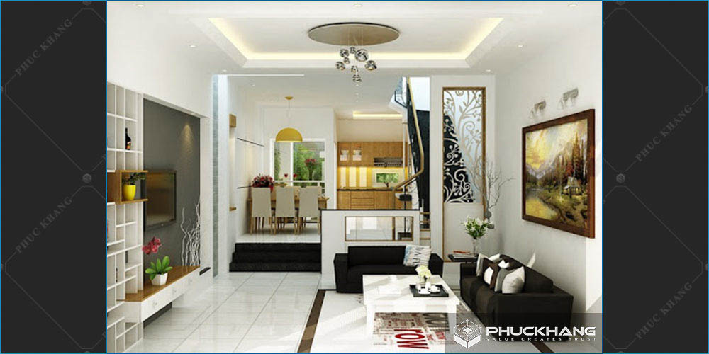 trần thạch cao đẹp phòng khách liền bếp