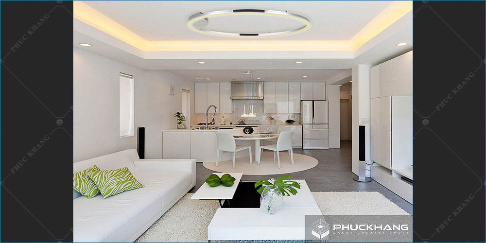 trần thạch cao đẹp phòng khách liền bếp