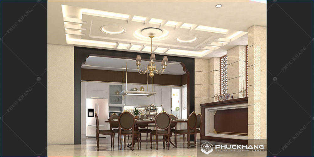 trần thạch cao đẹp phòng khách liền bếp