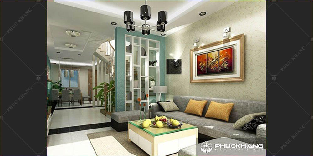 trần thạch cao đẹp phòng khách liền bếp