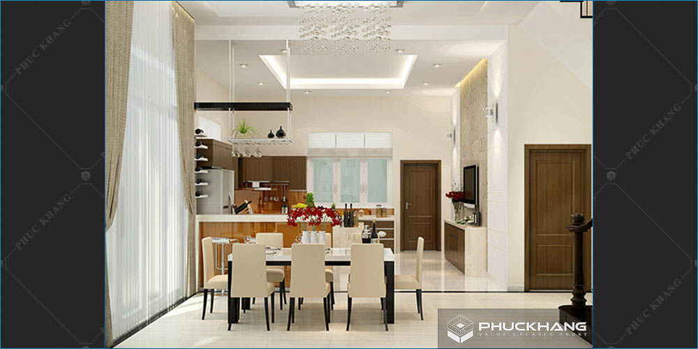 trần thạch cao đẹp phòng khách liền bếp