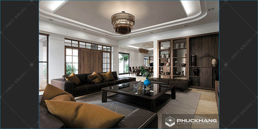 trần thạch cao đẹp phòng khách liền bếp