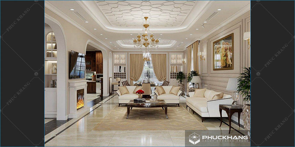 trần thạch cao cổ điển phòng khách đẹp
