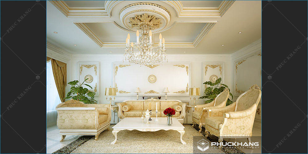 trần thạch cao phòng khách cổ điển đẹp