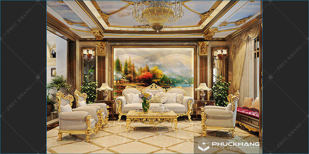 trần thạch cao đẹp cổ điển cho phòng khách 