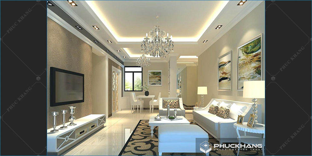 trần thạch cao đẹp cổ điển cho phòng khách 