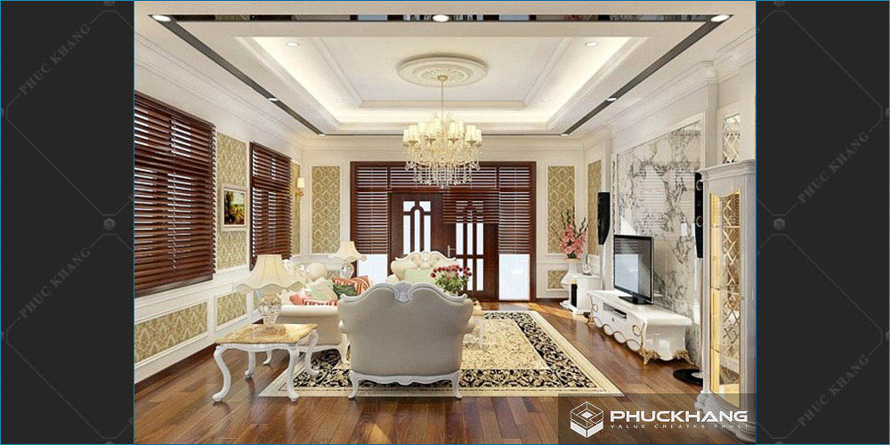 trần thạch cao đẹp cổ điển cho phòng khách 