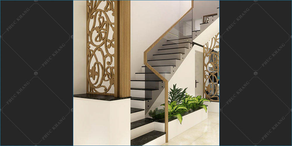vách ngăn gỗ cắt cnc che cầu thang
