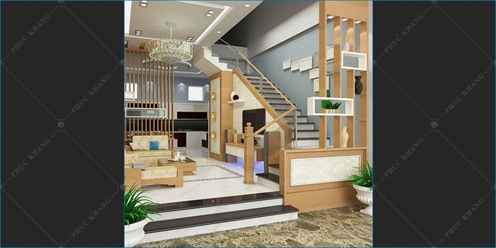 vách ngăn gỗ che cầu thang có bậc