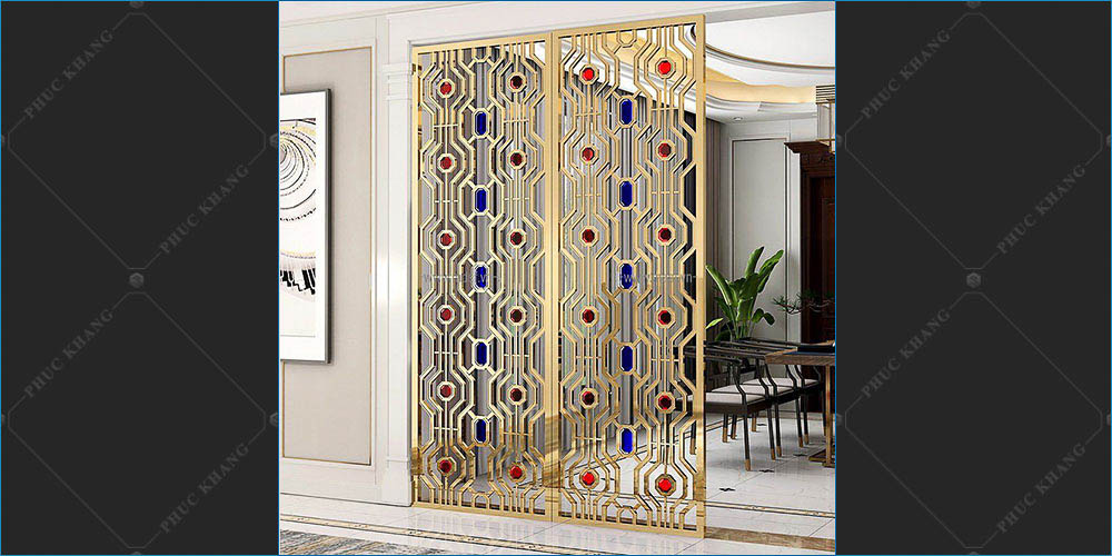 vách ngăn inox gold cắt cnc che cầu thang đẹp