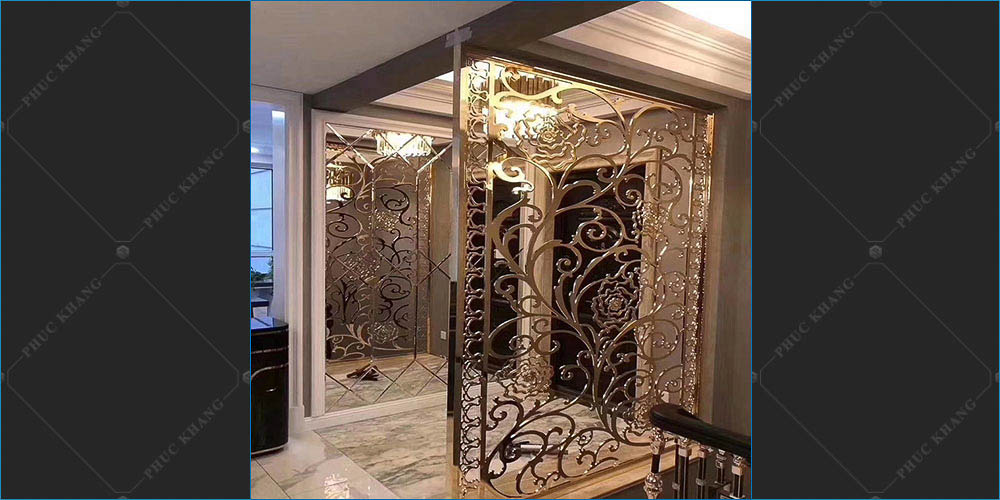 vách ngăn inox gold cắt cnc che cầu thang đẹp