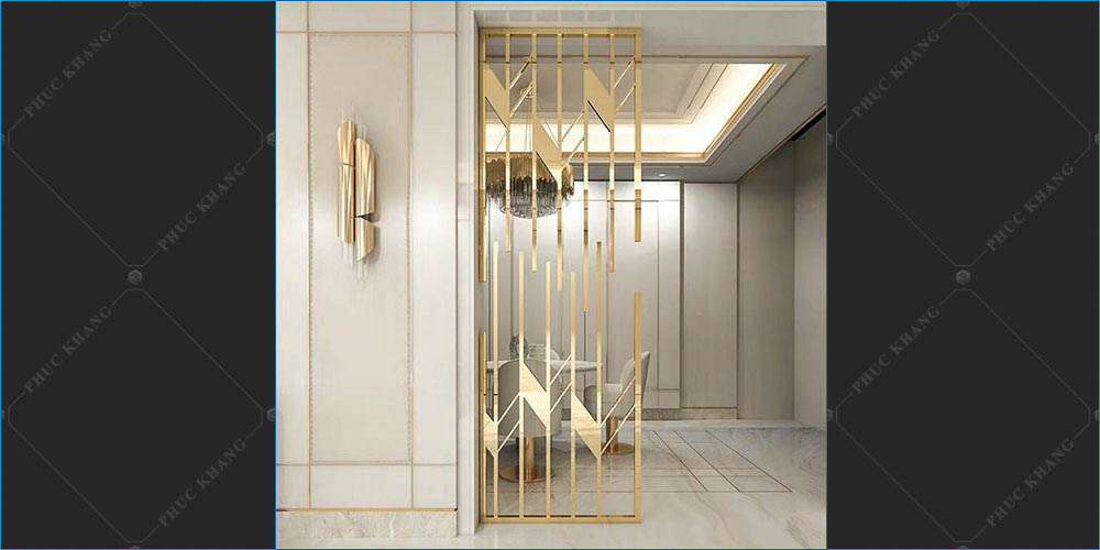 vách ngăn inox gold che cầu thang hiện đại