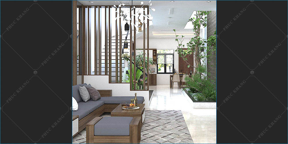 vách ngăn phòng khách và cầu thang bằng lam gỗ