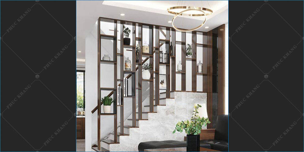 vách ngăn phòng khách và cầu thang bằng gỗ