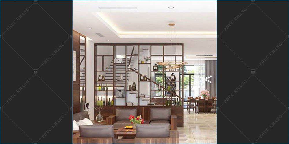 vách ngăn phòng khách và cầu thang bằng gỗ