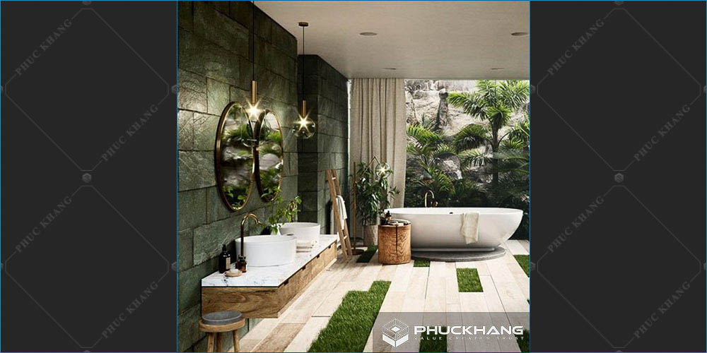 gạch ốp nhà vệ sinh nhà tắm tone xanh