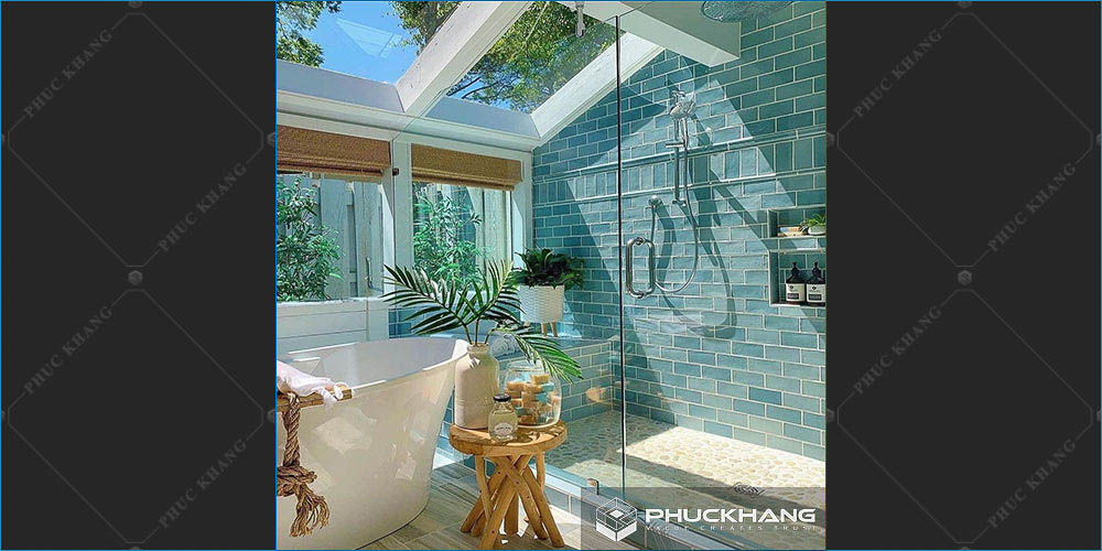 gạch ốp nhà vệ sinh nhà tắm tone xanh