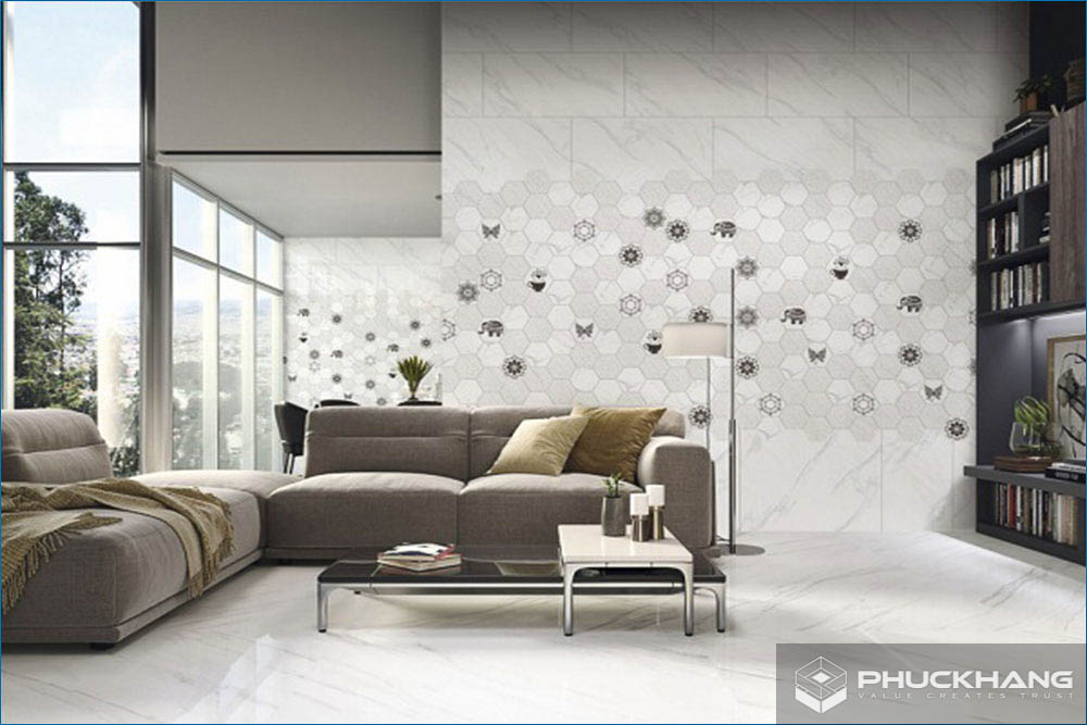 gạch điểm ốp tường phòng khách đậm nhạt
