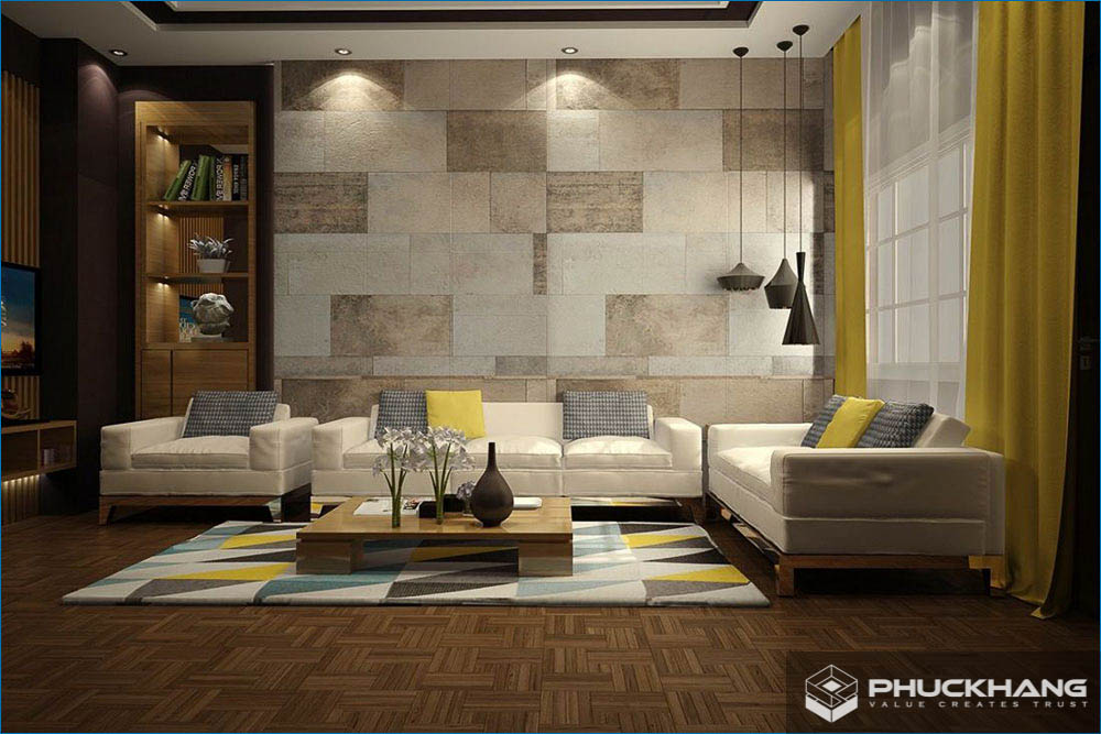 gạch điểm ốp tường phòng khách đậm nhạt