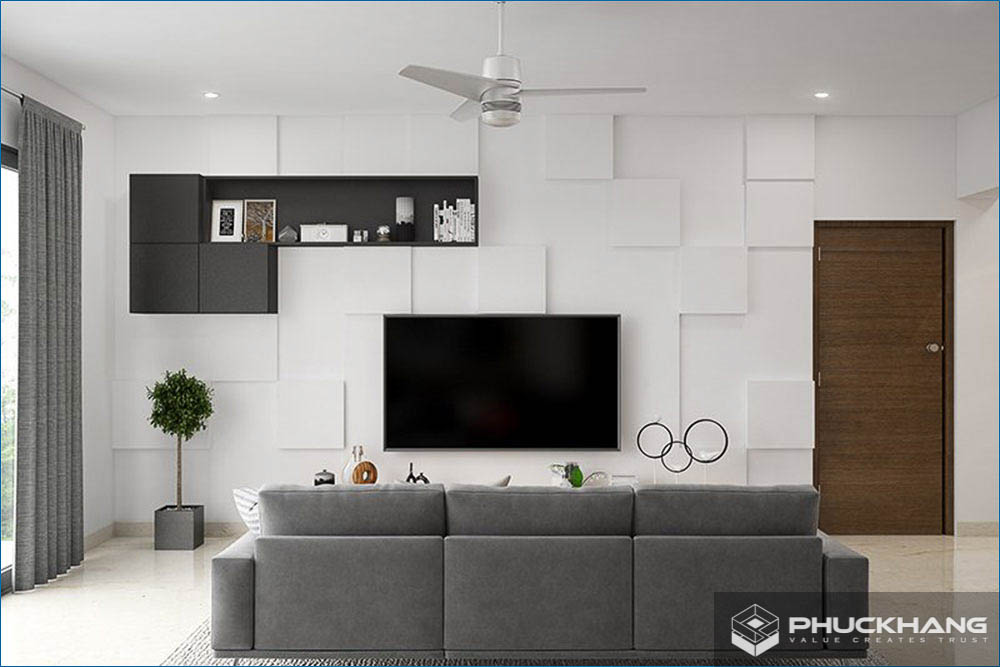gạch ốp tường đụng trần phòng khách