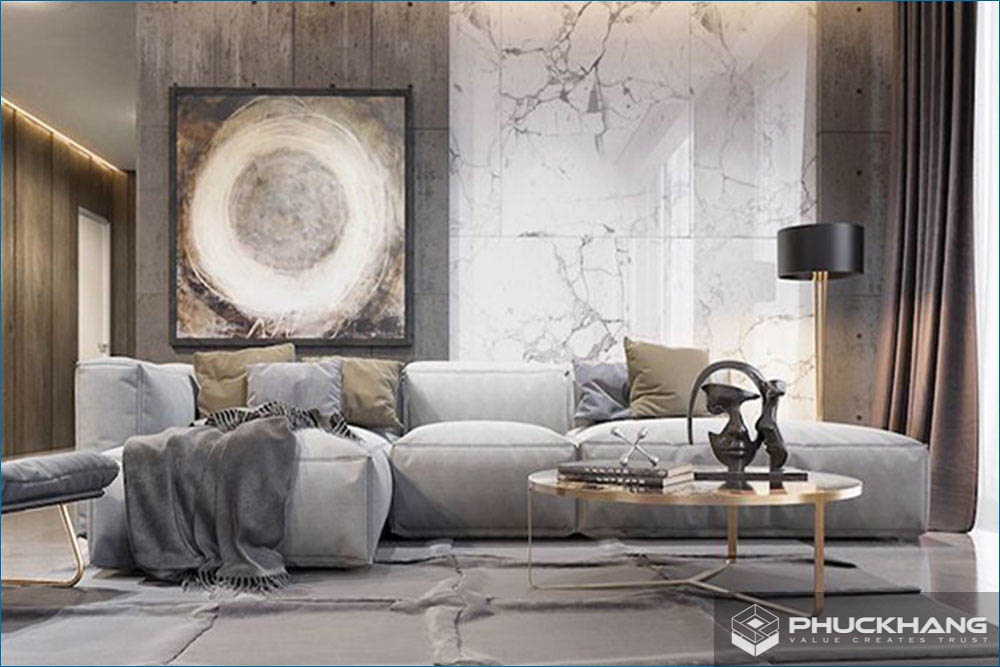 gạch ốp tường đụng trần phòng khách