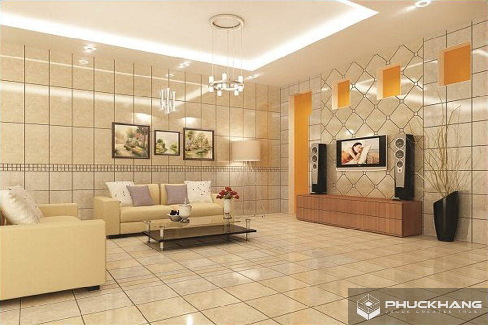 gạch ốp tường đụng trần phòng khách