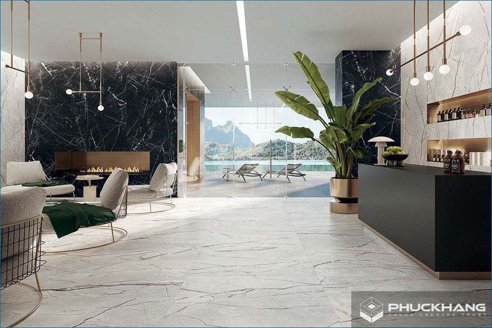 gạch ốp tường đụng trần phòng khách