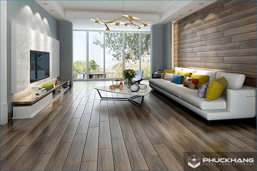 gạch ốp tường đụng trần phòng khách