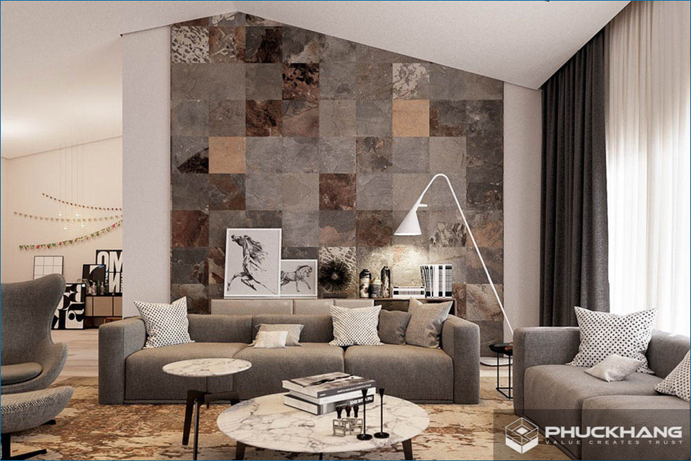 gạch ốp tường 1 mảng tạo điểm nhấn cho phòng khách