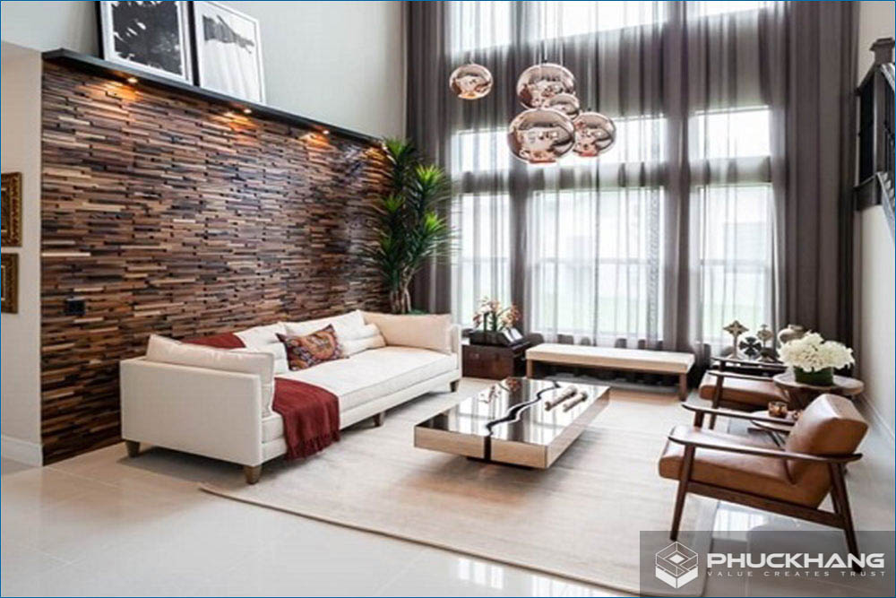 gạch ốp tường 1 mảng tạo điểm nhấn cho phòng khách