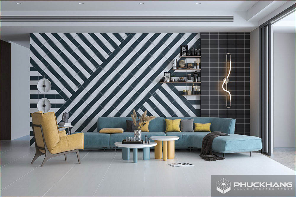 gạch ốp tường 1 mảng tạo điểm nhấn cho phòng khách