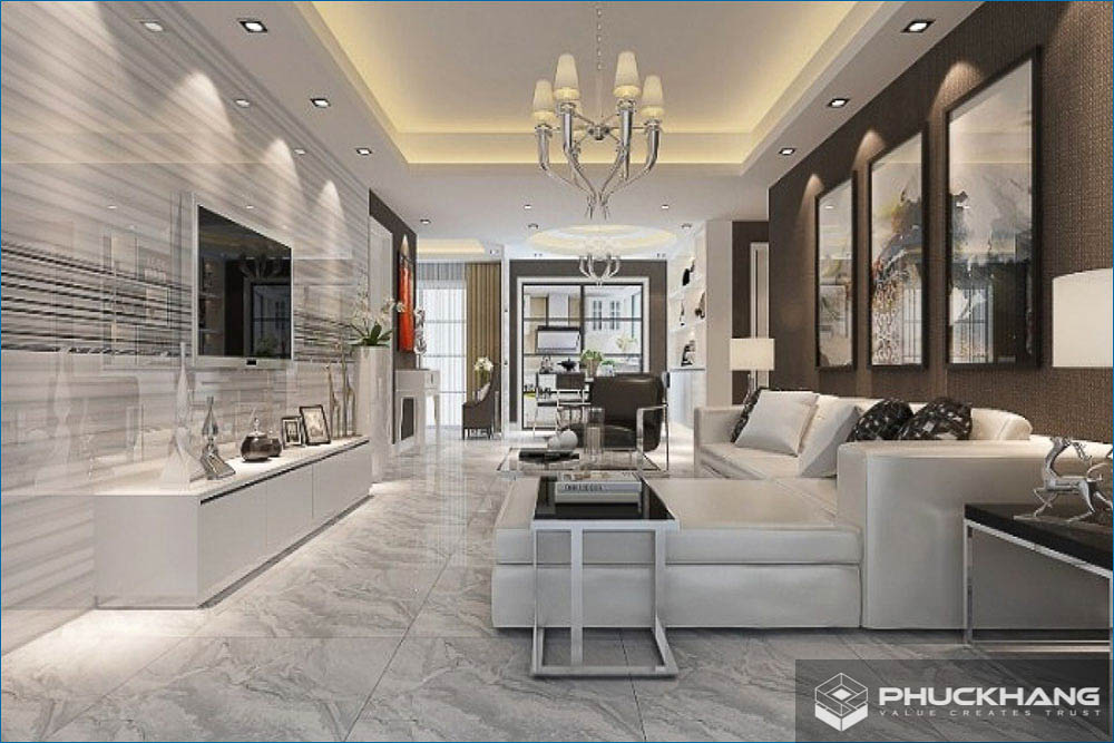gạch lát phòng khách đẹp bóng kính