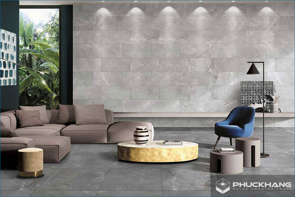 gạch lát phòng khách đẹp bóng kính