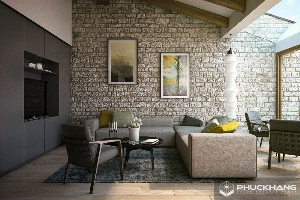 mẫu gạch lát phòng khách đẹp giả gỗ