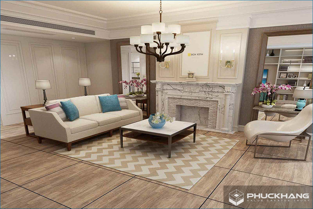 gạch lát phòng khách đẹp giả gỗ