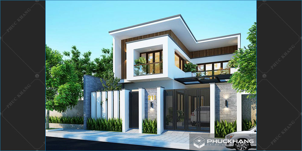 mẫu nhà 2 tầng chữ L 100 m2 mái bằng