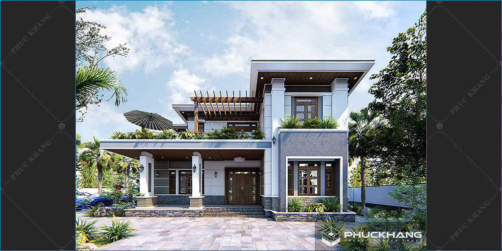 mẫu nhà 2 tầng chữ L 100 m2 mái bằng