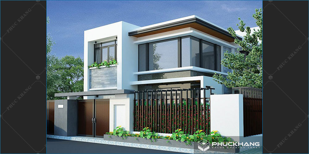 mẫu nhà 2 tầng chữ L 100 m2 mái bằng