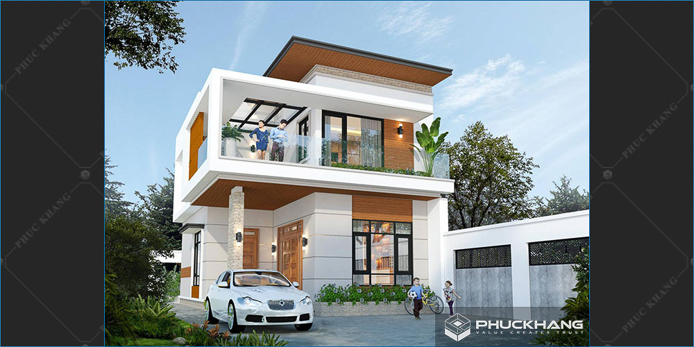 mẫu nhà 2 tầng chữ L 100 m2 mái bằng