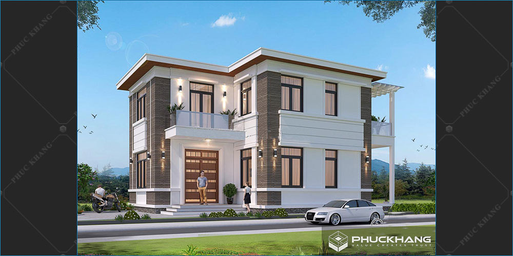 mẫu nhà 2 tầng chữ L 100 m2 mái bằng