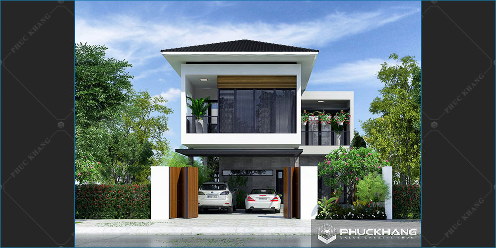 mẫu nhà 2 tầng chữ L 100 m2 mái bằng