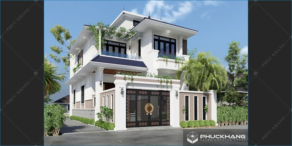 mẫu nhà 2 tầng chữ L 100 m2 mái bằng
