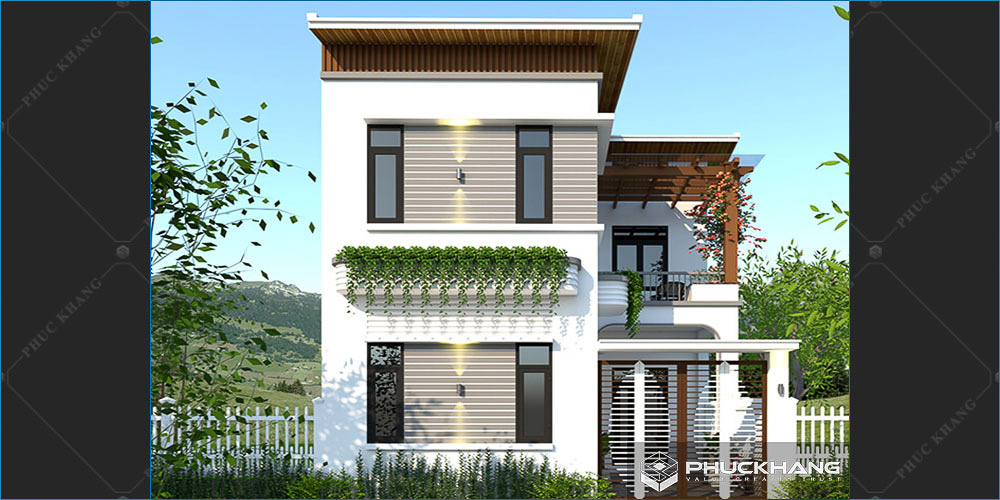 mẫu nhà 2 tầng chữ L 100 m2 mái bằng