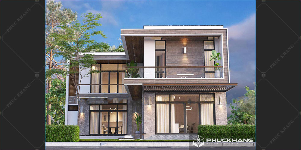 mẫu nhà 2 tầng chữ L 100 m2 mái bằng