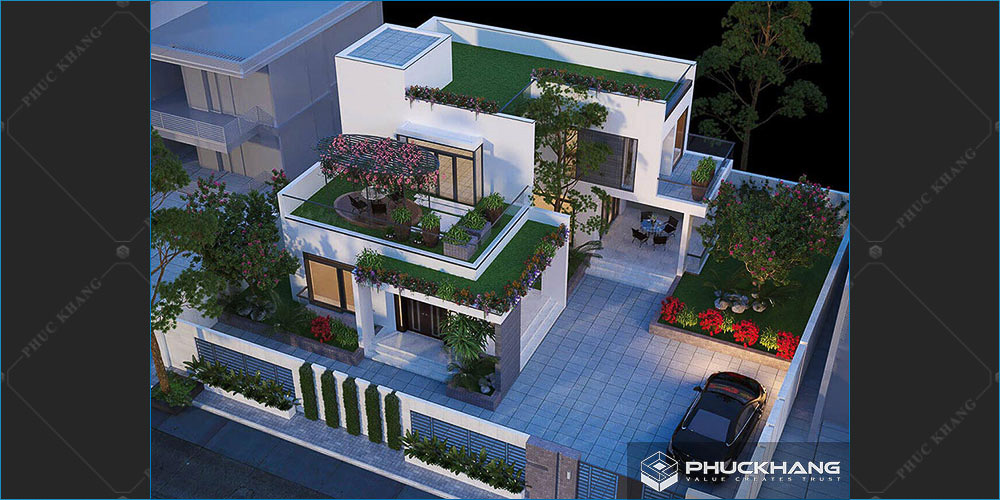 mẫu nhà 2 tầng chữ L 100 m2 mái bằng
