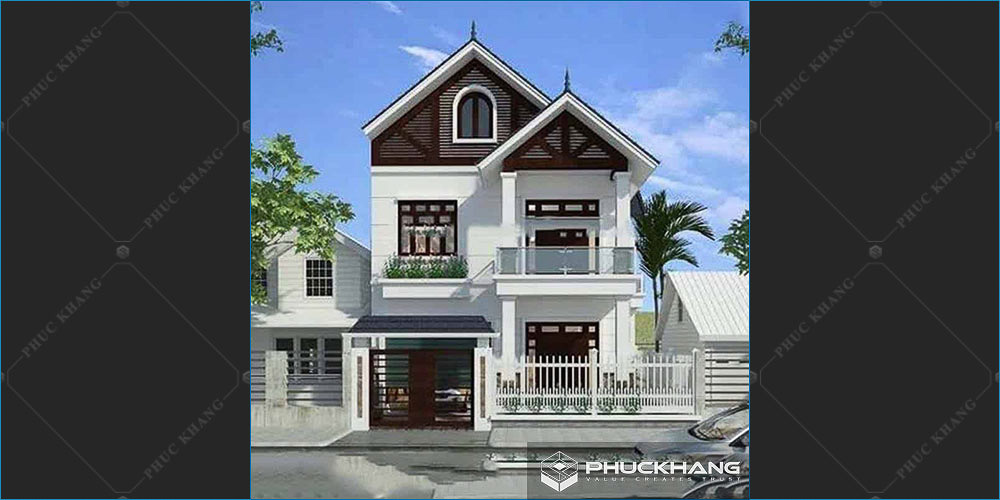 mẫu nhà 2 tầng mái thái mặt tiền 8m hiện đại