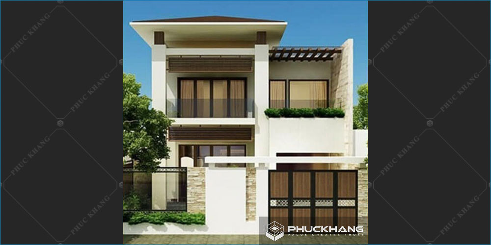 mẫu nhà 2 tầng mái thái mặt tiền 8m hiện đại